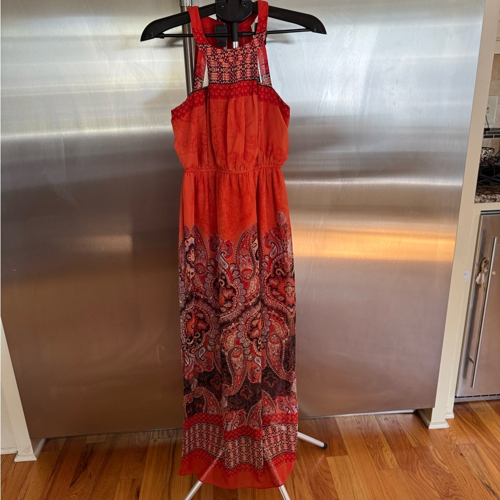 Enfocus Studio Rust and Black Paisley Maxi Dress